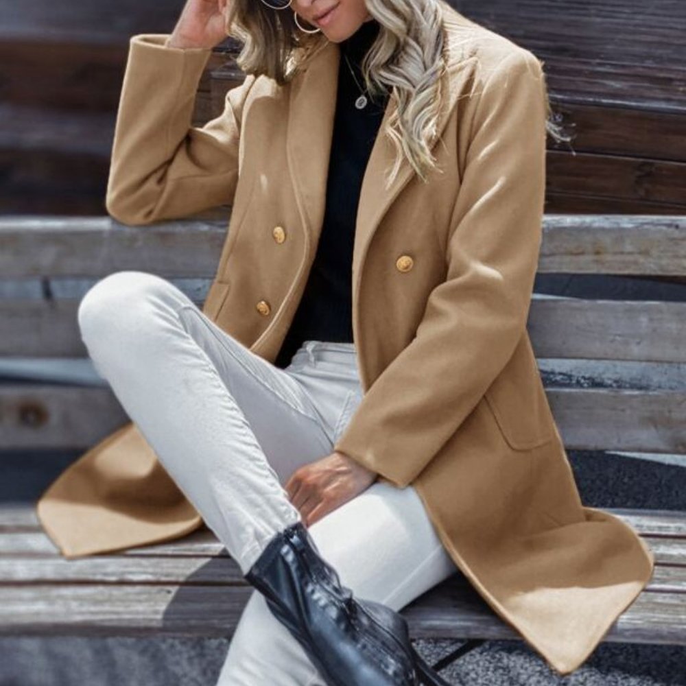 Classic tan button double breast trench pea coat - Picture 3 of 6